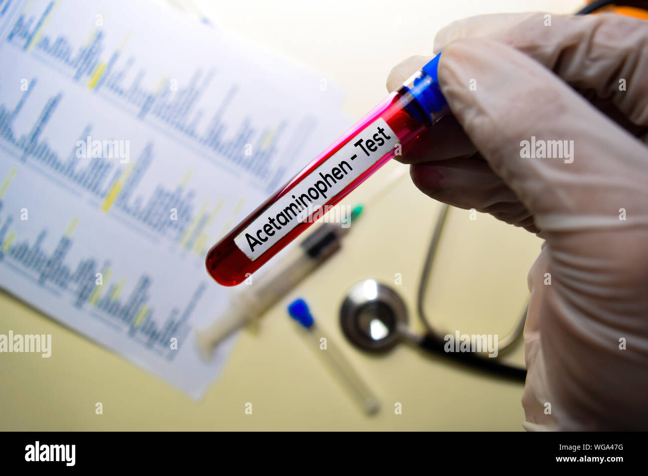 Acetaminophen Test with blood sample. Top view isolated on office