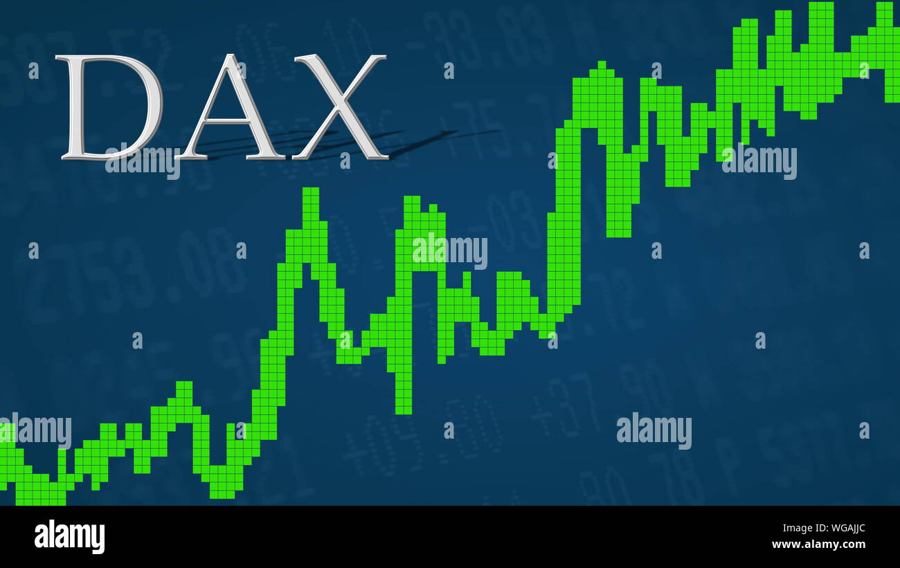 The German blue chip stock market index DAX is going up. The green graph next to the silver DAX title on a blue background is showing upwards and... Stock Photo