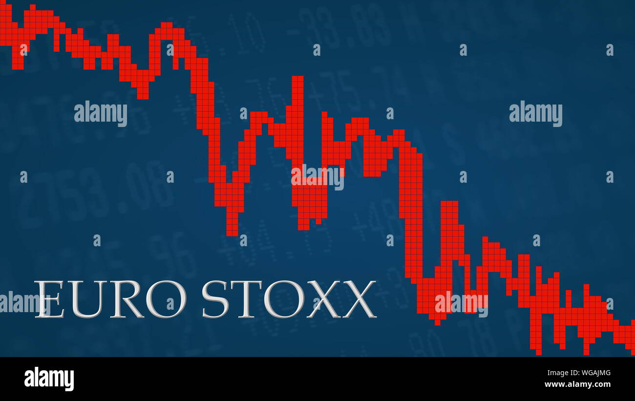 The EURO STOXX, a stock market index of the Eurozone is falling. The red graph next to the silver EURO STOXX title on a blue background shows downward... Stock Photo