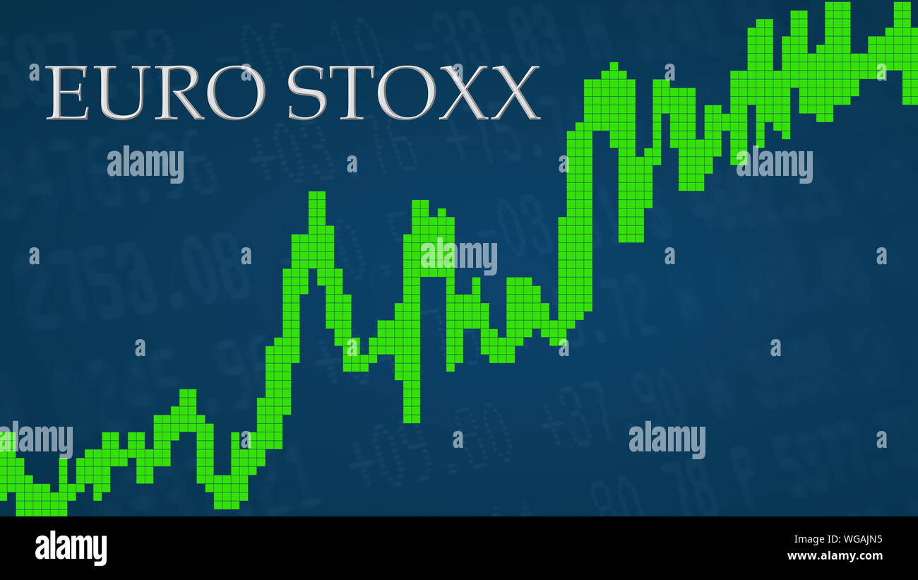 The EURO STOXX, a stock market index of the Eurozone is going up. The green graph next to the silver EURO STOXX title on a blue background shows up. Stock Photo