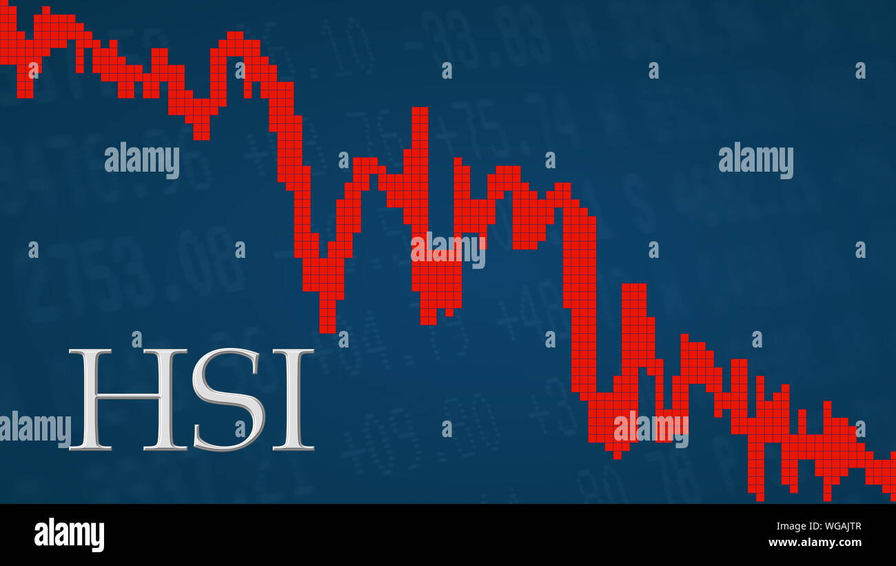 The Hong Kong stock market index Hang Seng Index or HSI is falling. The red  graph next to the silver HSI title on a blue background is showing down  Stock Photo -