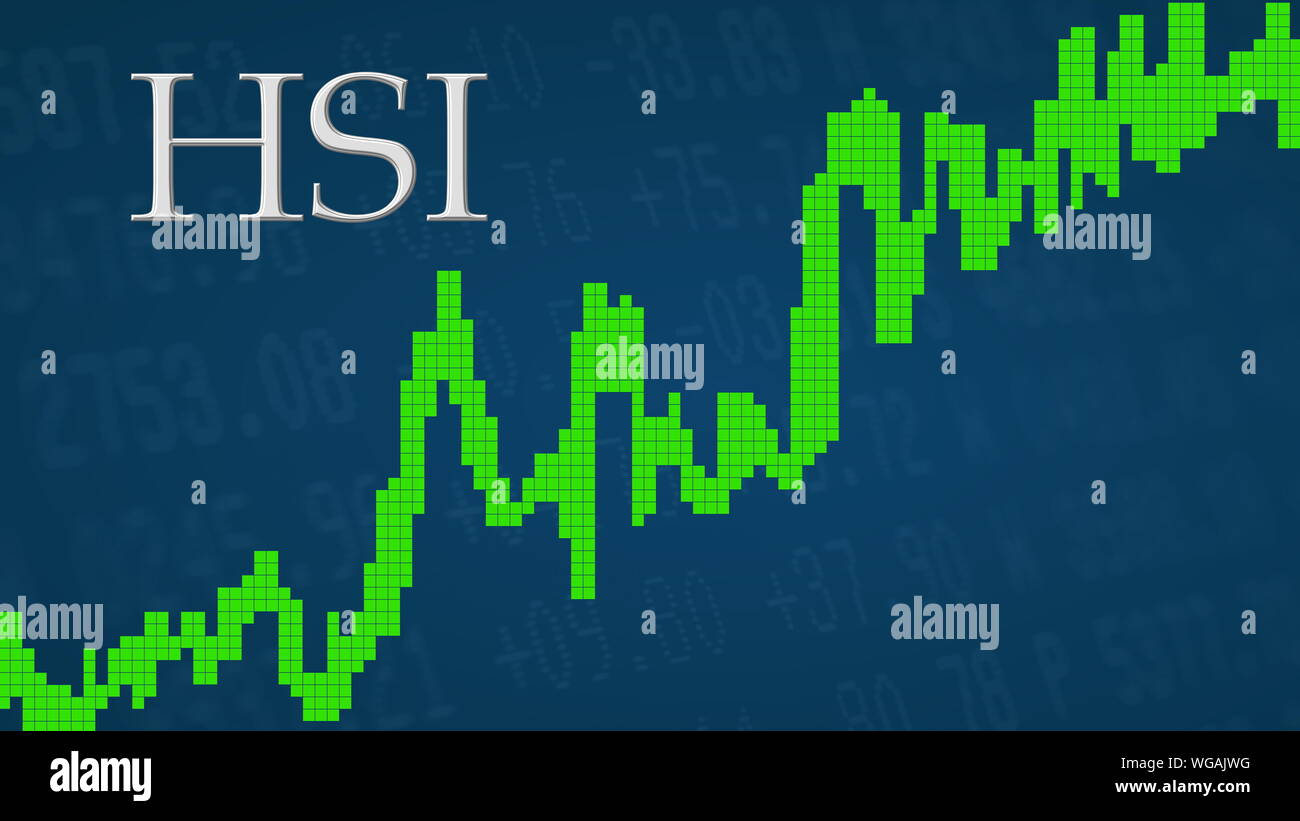 The Hong Kong stock market index Hang Seng Index or HSI is going up. The  green graph next to the silver HSI title on a blue background shows upwards  Stock Photo -