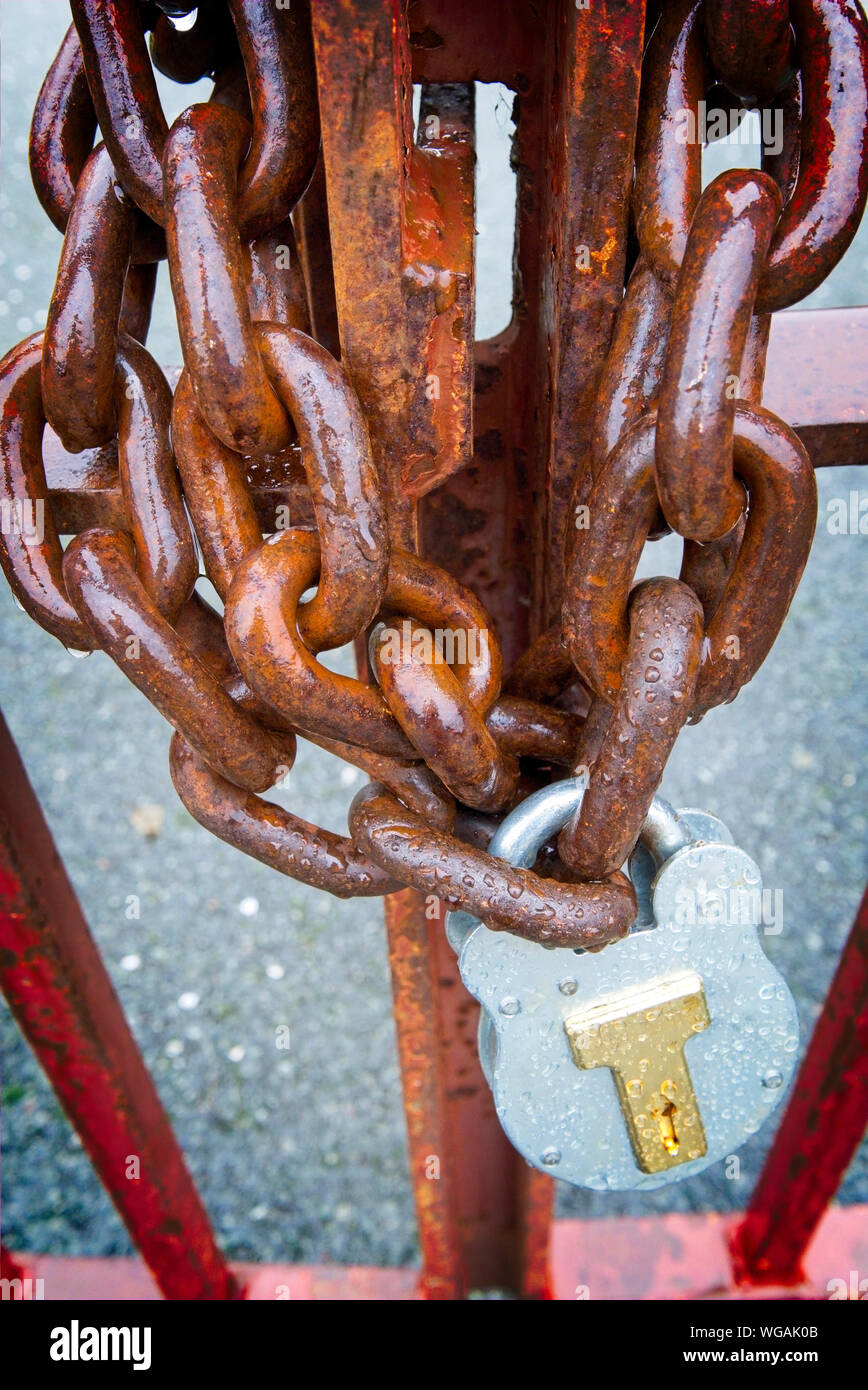 Heavy metal chain with padlock on closed and locked industrial gate UK Stock Photo