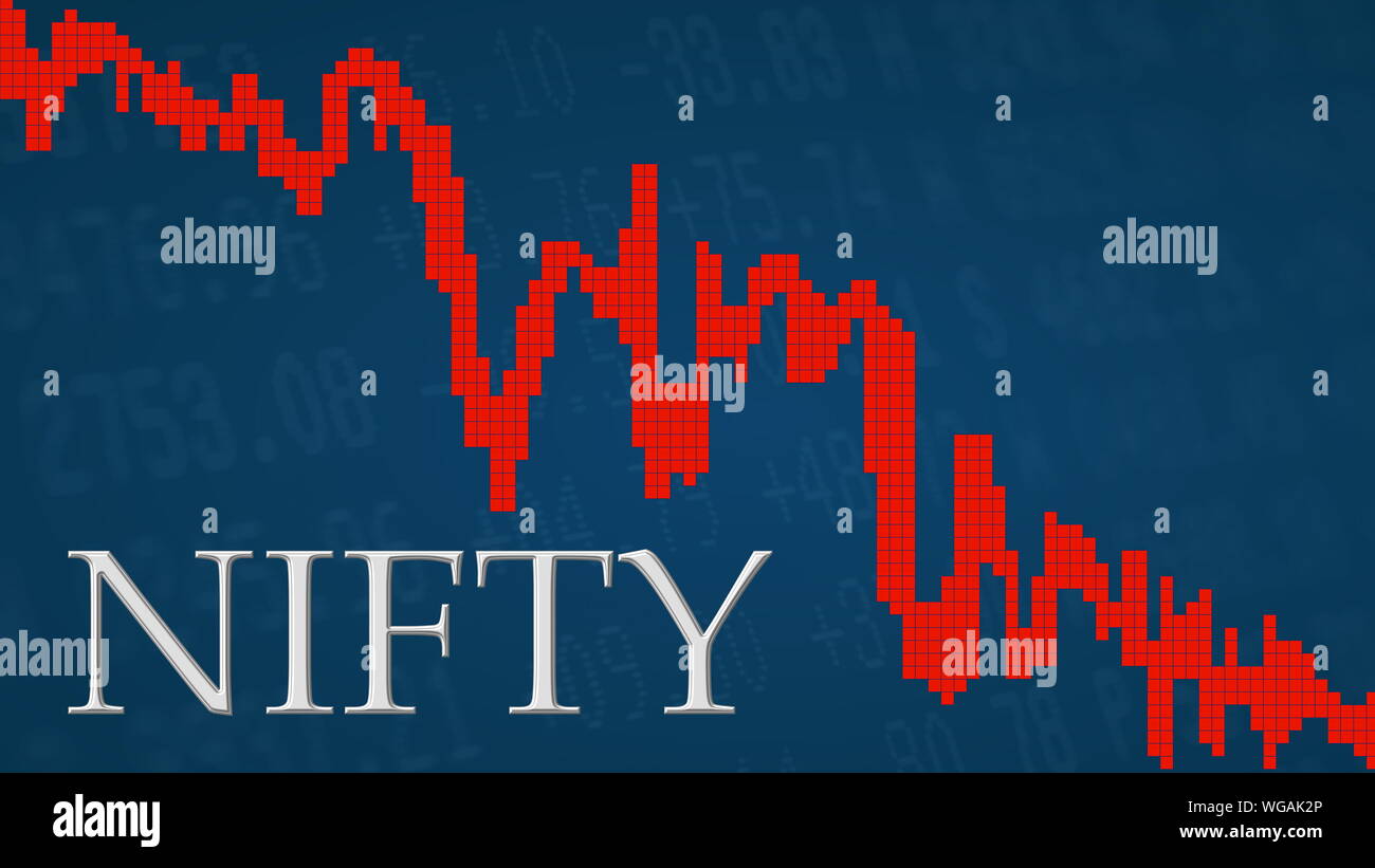 The stock market index NIFTY, National Stock Exchange of India, is falling. The red graph next to the silver NIFTY title on a blue background shows... Stock Photo