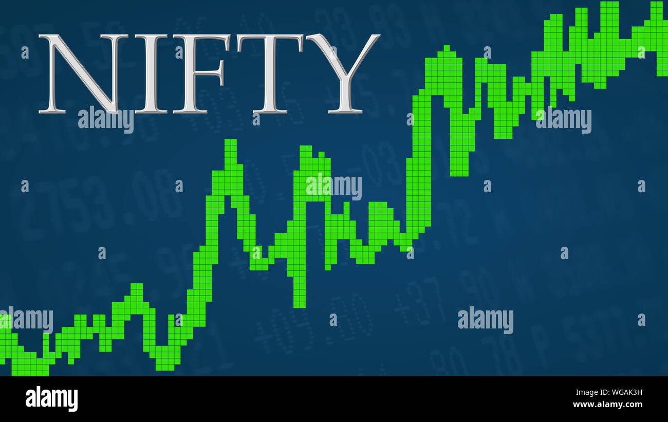 The stock market index NIFTY, National Stock Exchange of India, is going  up. The green graph next to the silver NIFTY title on a blue background  shows Stock Photo - Alamy