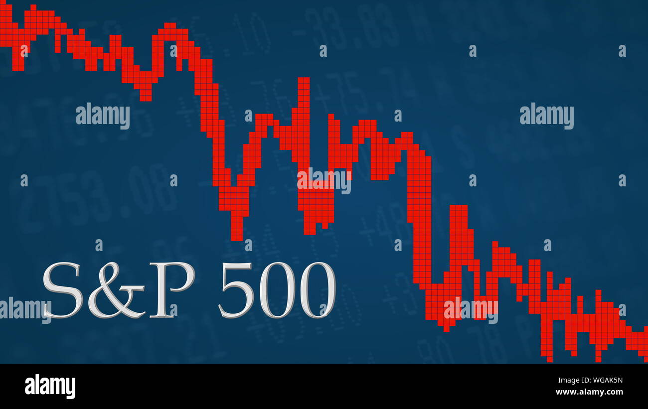 The American stock market index S&P 500 is falling. The red graph next to the silver S&P 500 title on a blue background is showing downwards and... Stock Photo
