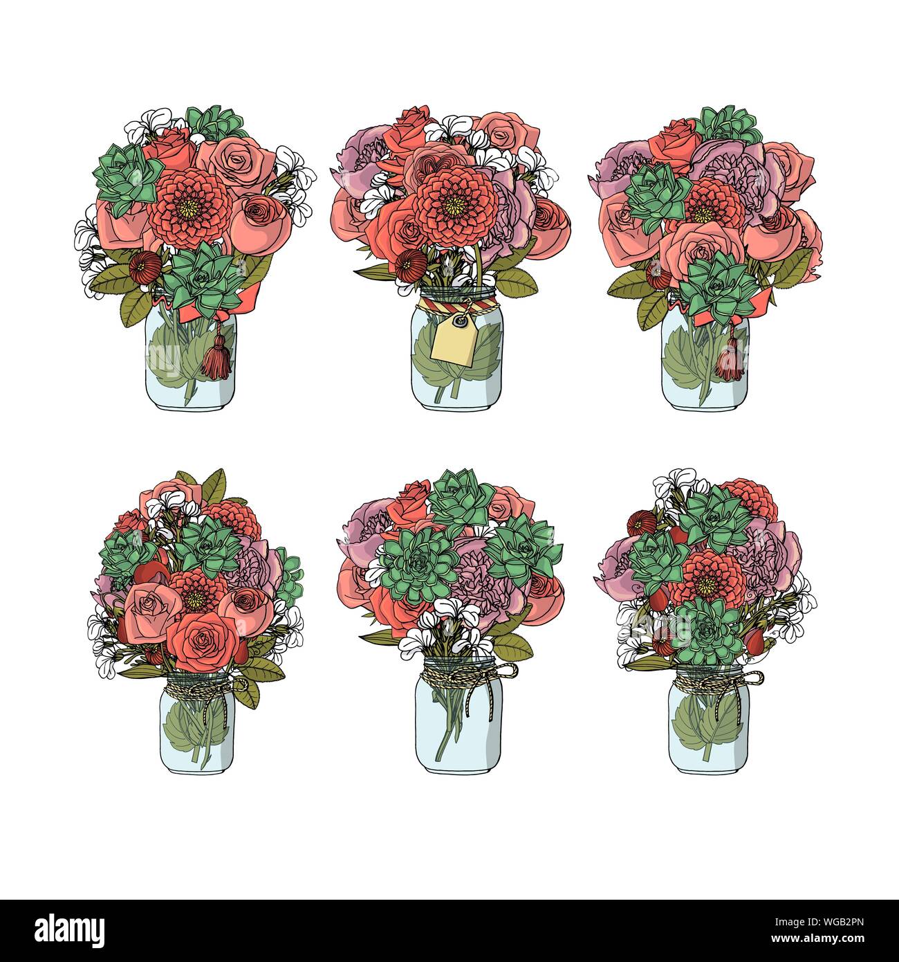 Hand drawn doodle style bouquets of different flowers succulent,peony