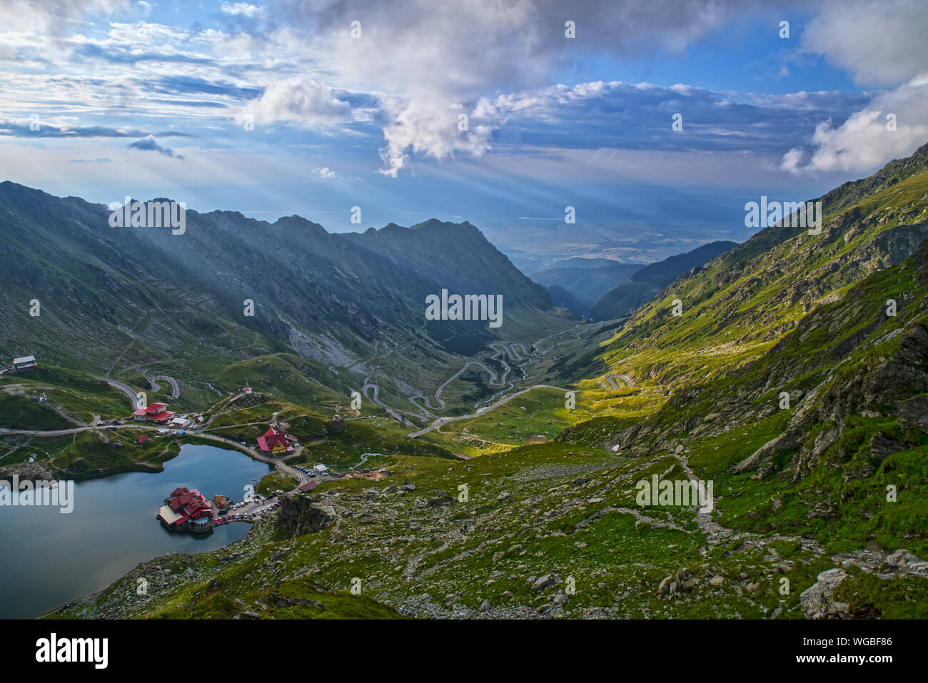 Transfagarasan road and shelters on Balea valley in Romanian Carpathians. Stock Photo