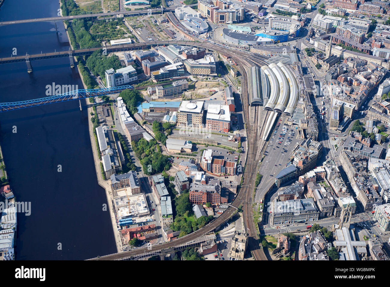 An aerial view of the river and northern approach to the railway station, Newcastle upon Tyne, city centre, North East  England, UK Stock Photo