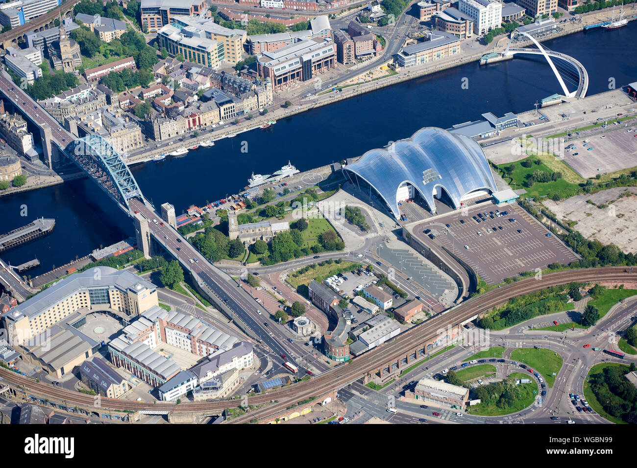 An aerial view of the riverside at Newcastle upon Tyne, city centre, North East  England, UK, showing the Sage Stock Photo