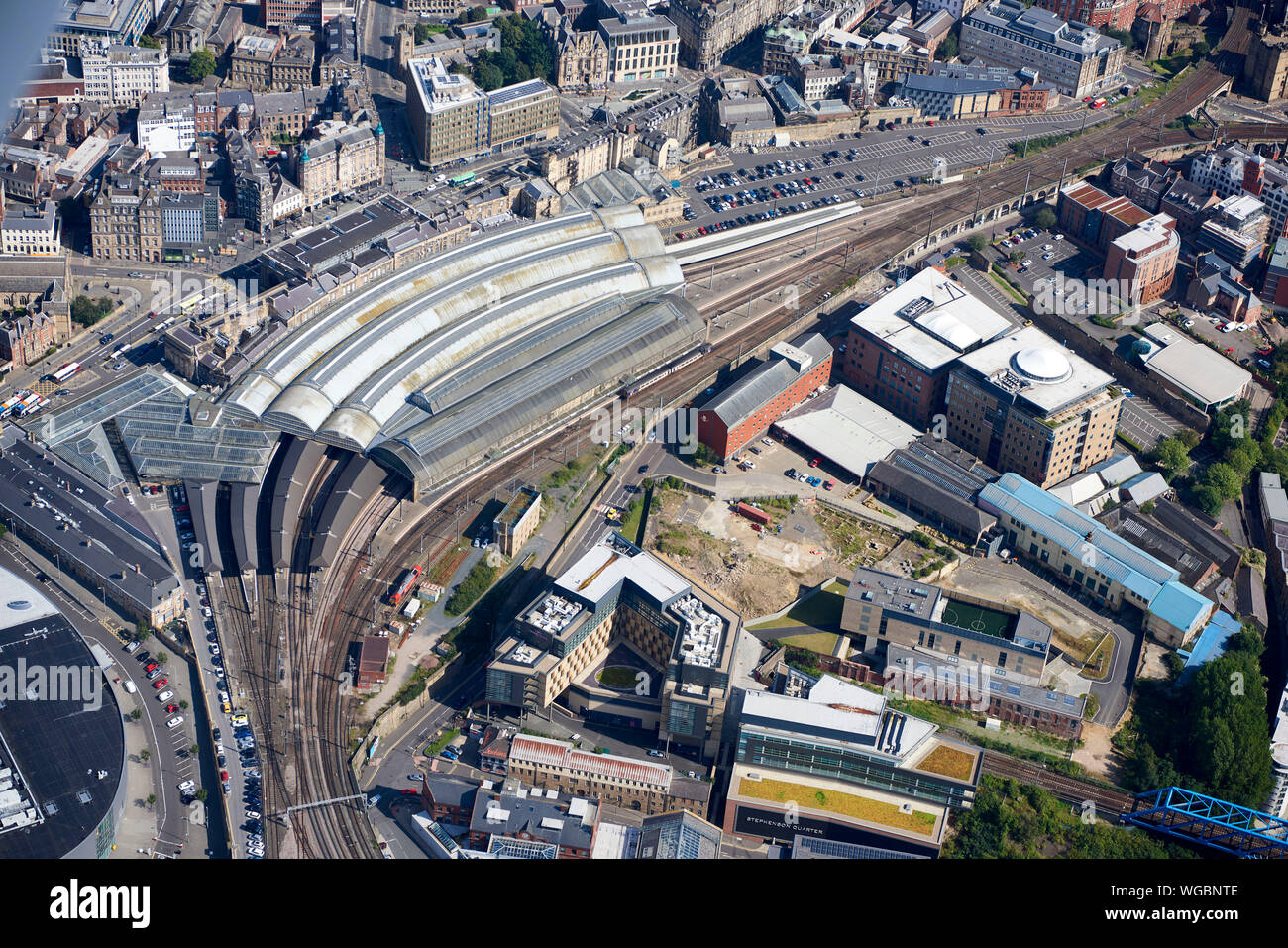 An aerial view of Newcastle upon Tyne, city centre, North East  England, UK featuring the historic railway station Stock Photo