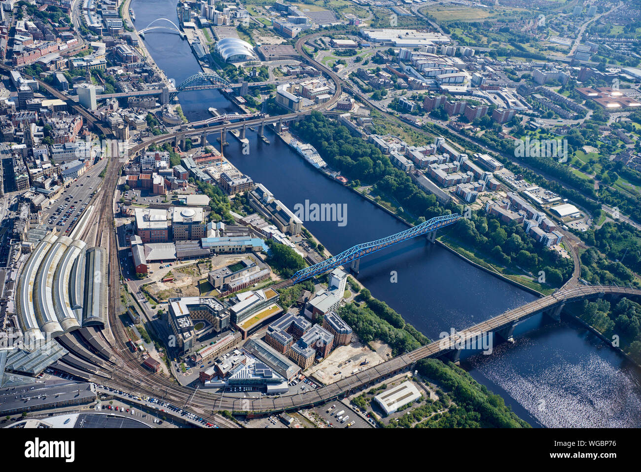 An aerial view of Newcastle upon Tyne, railway  station and bridges,  city centre, North East  England, UK Stock Photo