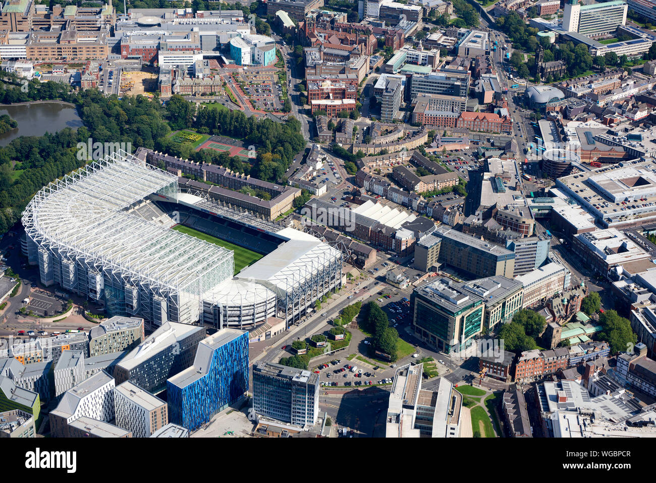 An aerial view of Newcastle upon Tyne, city centre, North East  England, UK featuring St James Park, home of Newcastle United Stock Photo