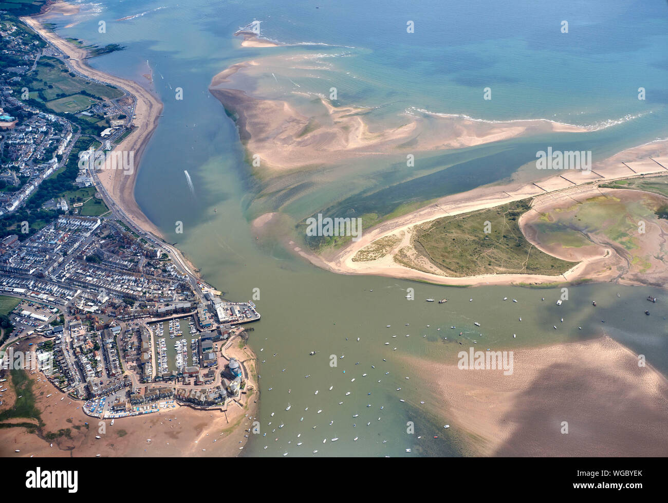 an aerial view of Exmouth and the river Ex, Devon, South West England ...