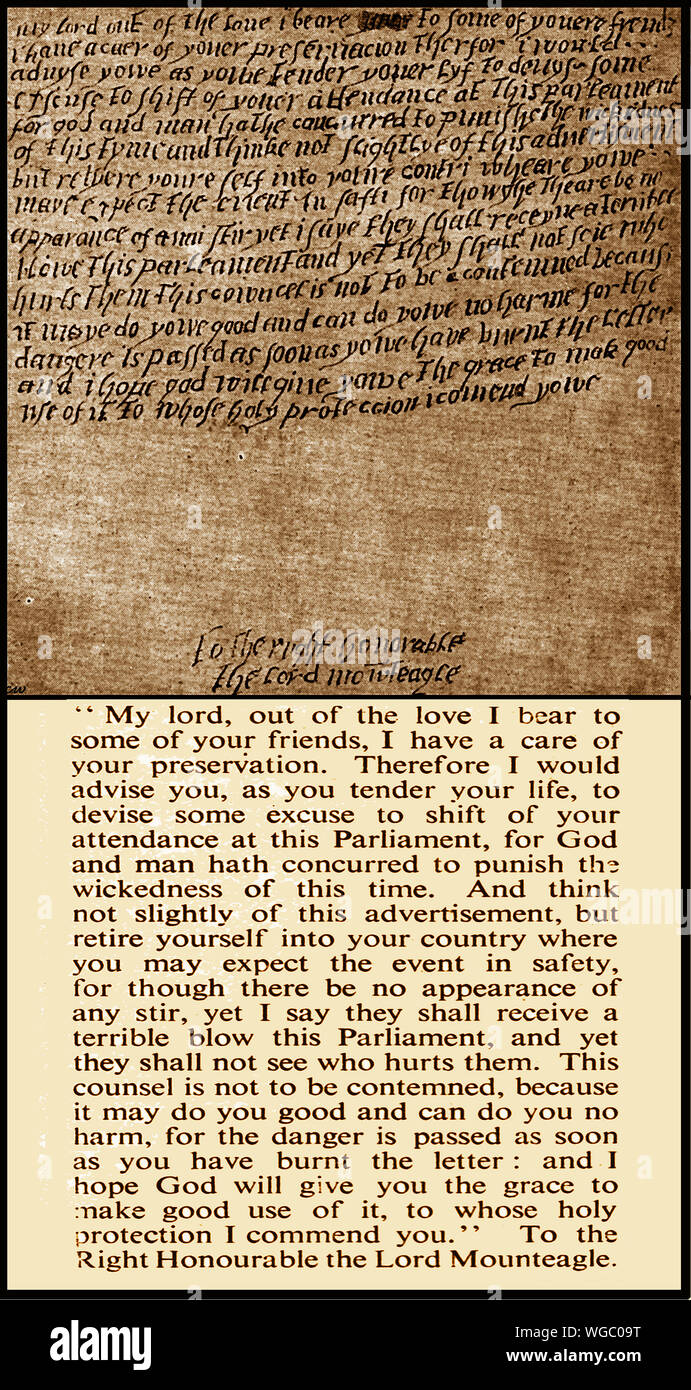 GUY FAWKES NIGHT - The original letter, and transcription sent  to William Parker, Lord Monteagle,  by (its believed) Francis Tresham, warning of the gunpowder plot against the British parliament - 1641 Stock Photo