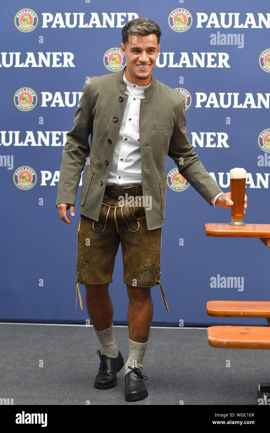 Munich, Germany. 01st Sep, 2019. Philippe COUTINHO (Bayern Munich), in  lederhosen, Tracht, with wheat beer, beer, single image, cut out, full body  shot, whole figure. FC Bayern Munich-Paulaner Photo shoot for Oktoberfest,