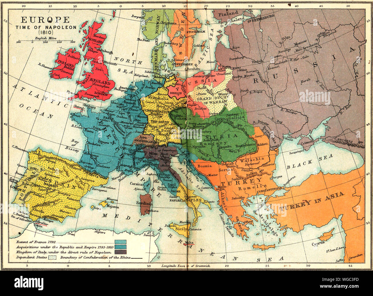 A 1910 map showing Europe at the time of Napoleon (1810) - Showing state of France in 1792 and its acquisitions up to 1810, Italy kingdom under rule of Napoleon,dependent states and  boundary of the Confederation of the Rhine. Stock Photo