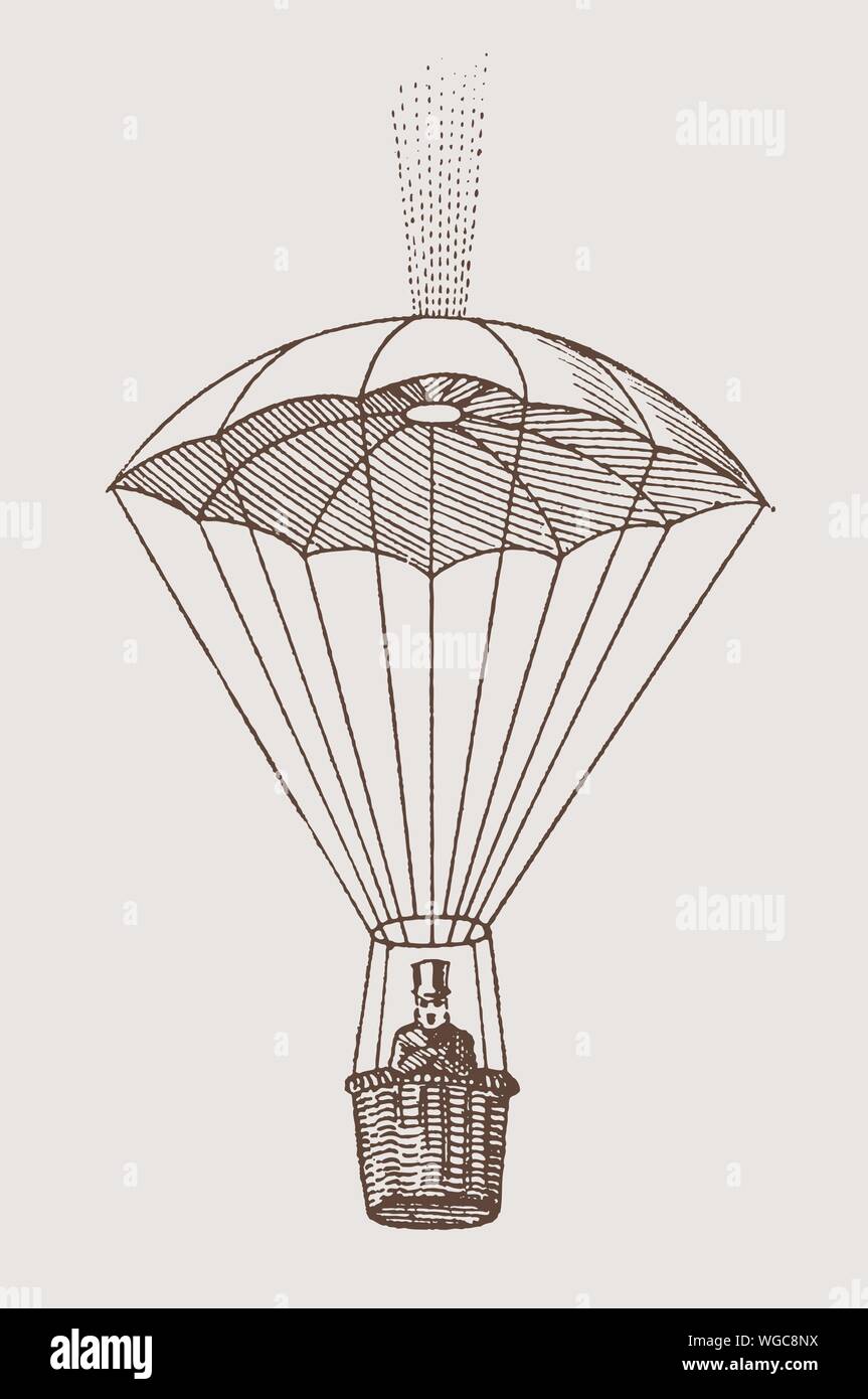Historic man with top hat sitting in a basket under a descending parachute. Illustration after a wood engraving from the 19c. Editable in layers Stock Vector
