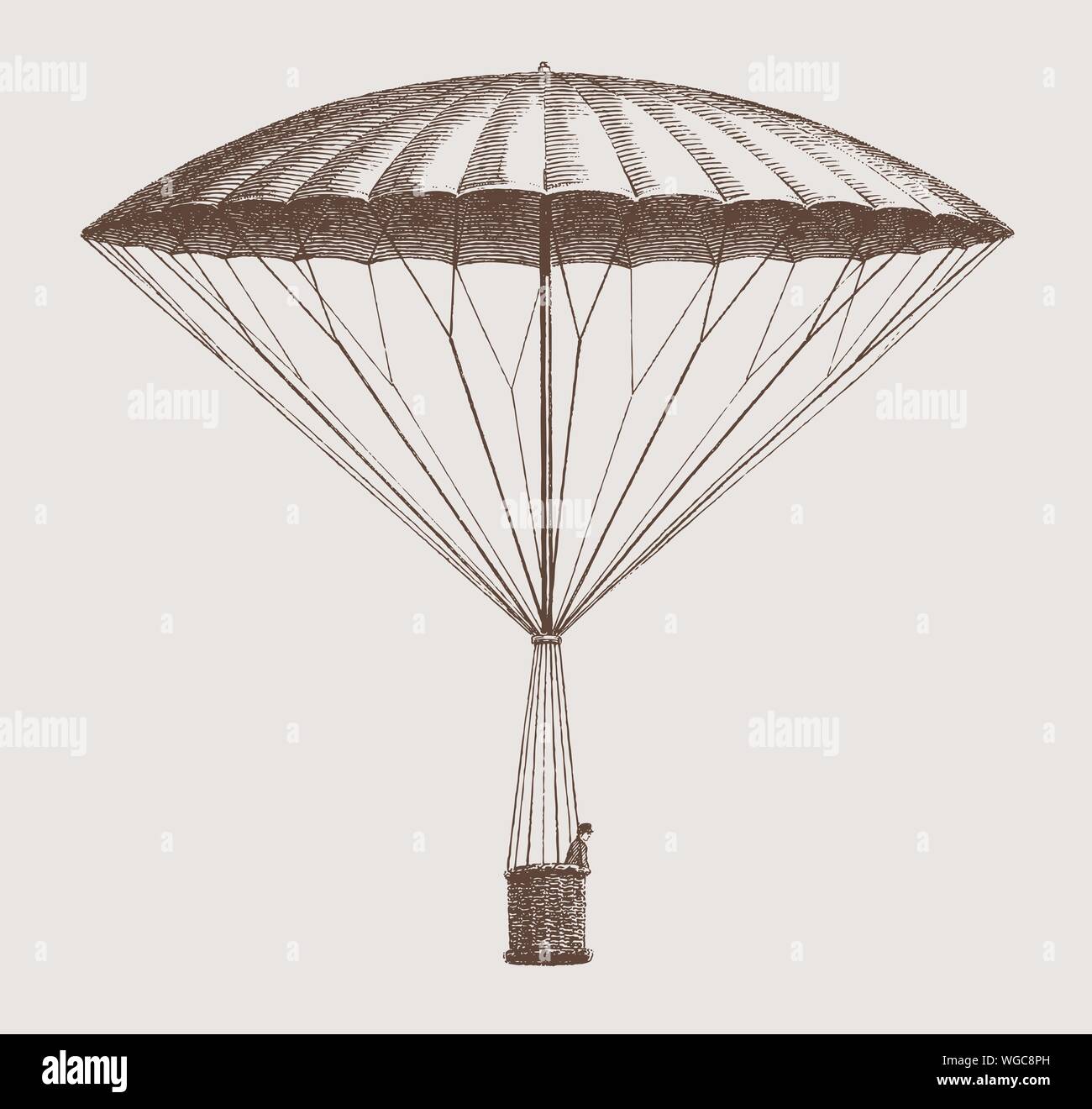Historic frameless parachute by André-Jacques Garnerin from 1797 descending. Illustration after an etching from the early 19th century Stock Vector