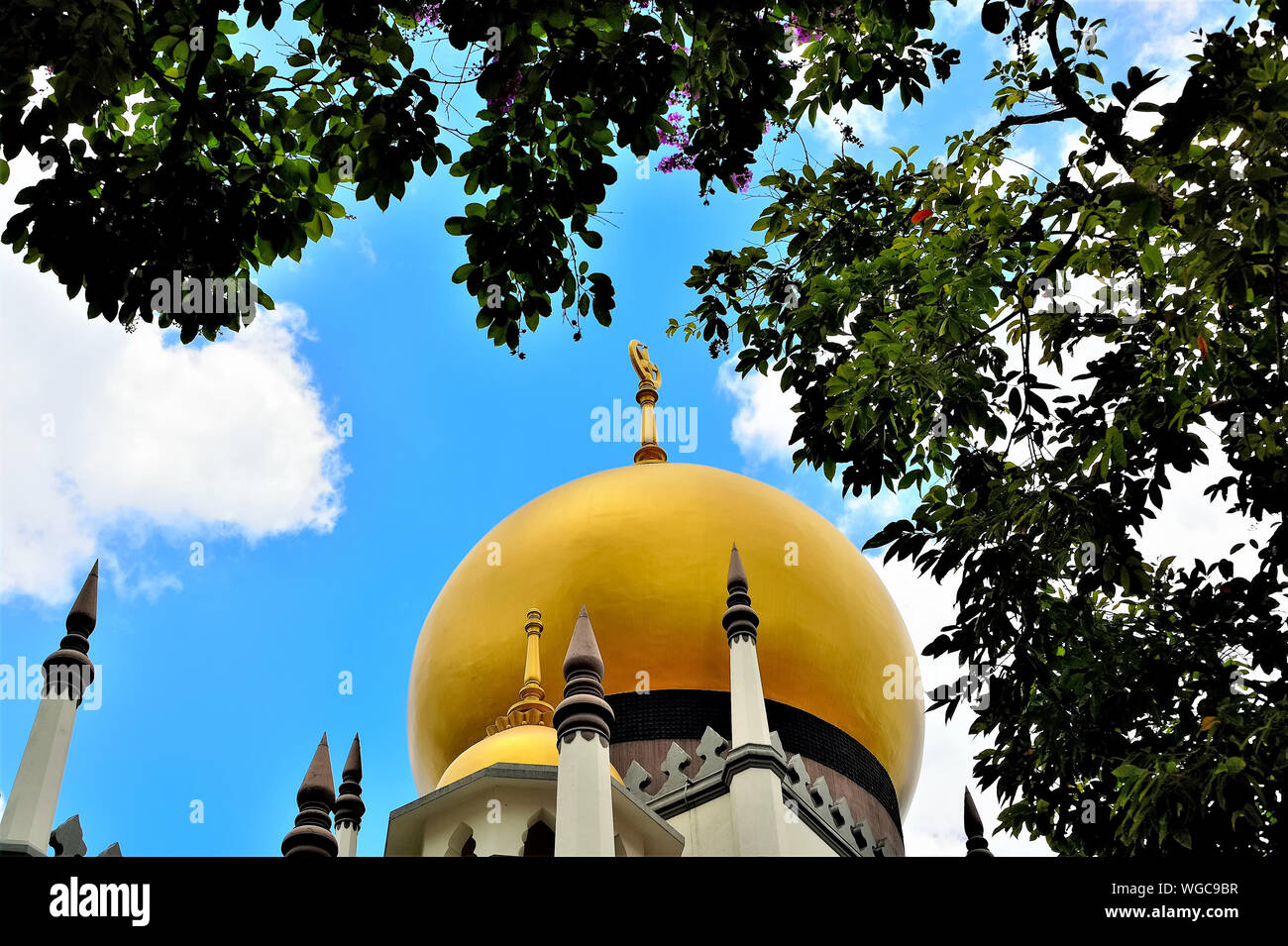 Perspective view of golden dome of Masjid Sultan Mosque in historic Arab Street, Singapore set against blue tropical sky and framed by trees Stock Photo