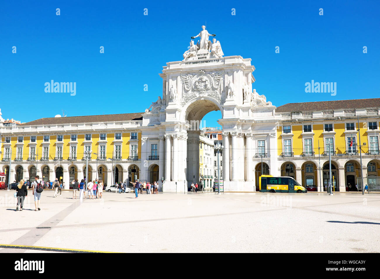 Lisbon, Portugal -May 30, 2015: Commerce square, one of the most important landmarks of the Portuguese capital, with the famous Triumphal Arch in Lisb Stock Photo
