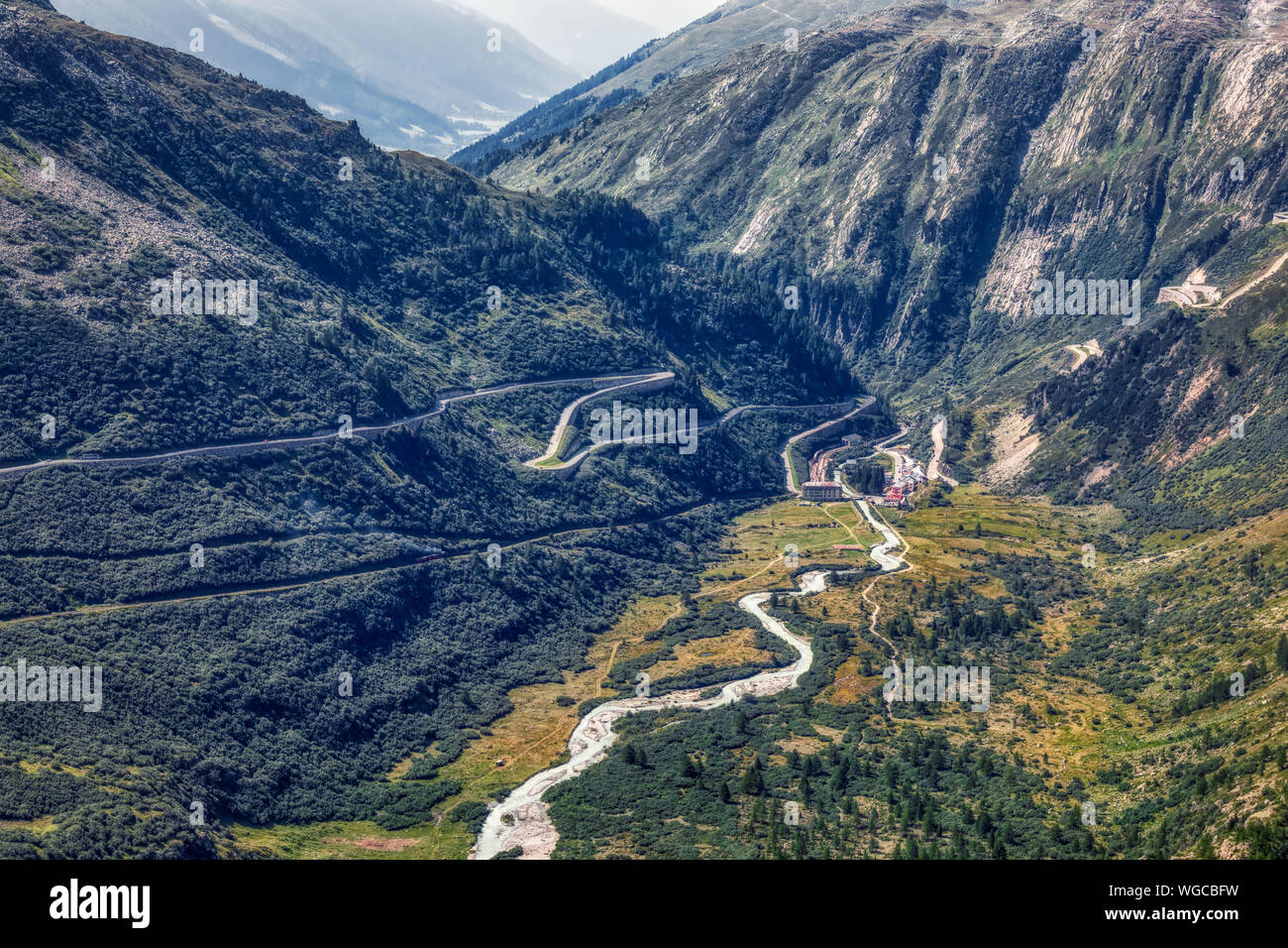 panorama view from rhone glacier to furka and grimsel pass near gletsch, switzerland Stock Photo