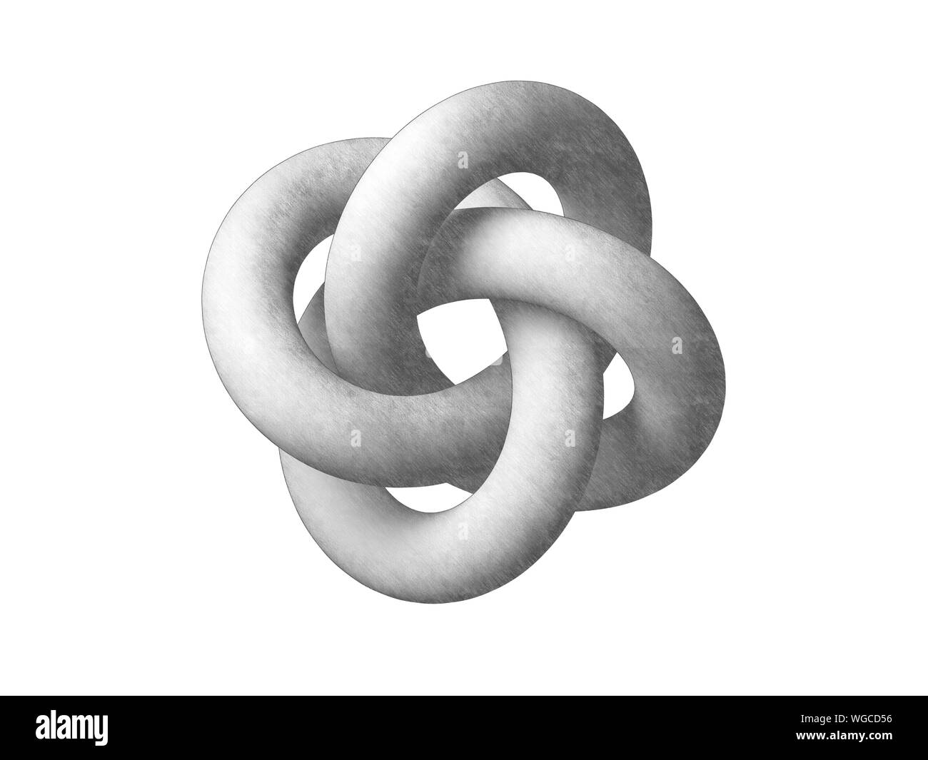 Torus knot geometrical representation. Abstract object isolated on white background. Graphite pencil stylized 3d rendering illustration Stock Photo