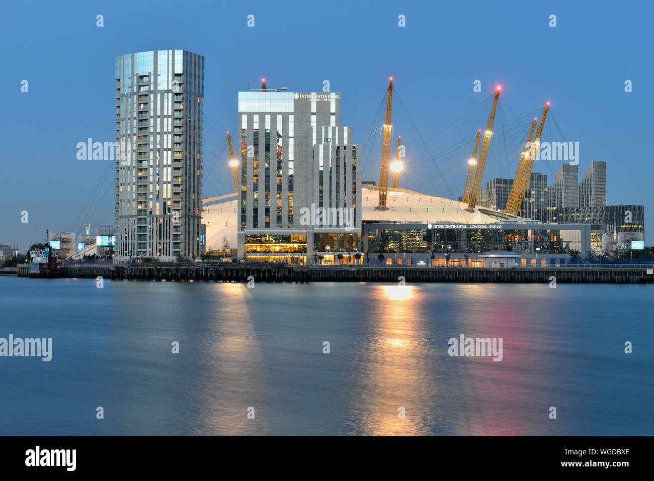 Greenwich Peninsula, Intercontinental Hotel and Arora Tower alongside the O2 Arena, Greenwich, London SE10, United Kingdom Stock Photo