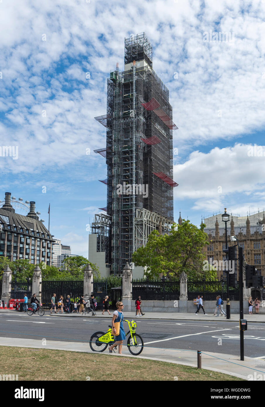 Scaffolding around Elizabeth Tower for restoration, renovations, repairs at Palace of Westminster, London, UK. Big Ben London. Covered in scaffolding. Stock Photo