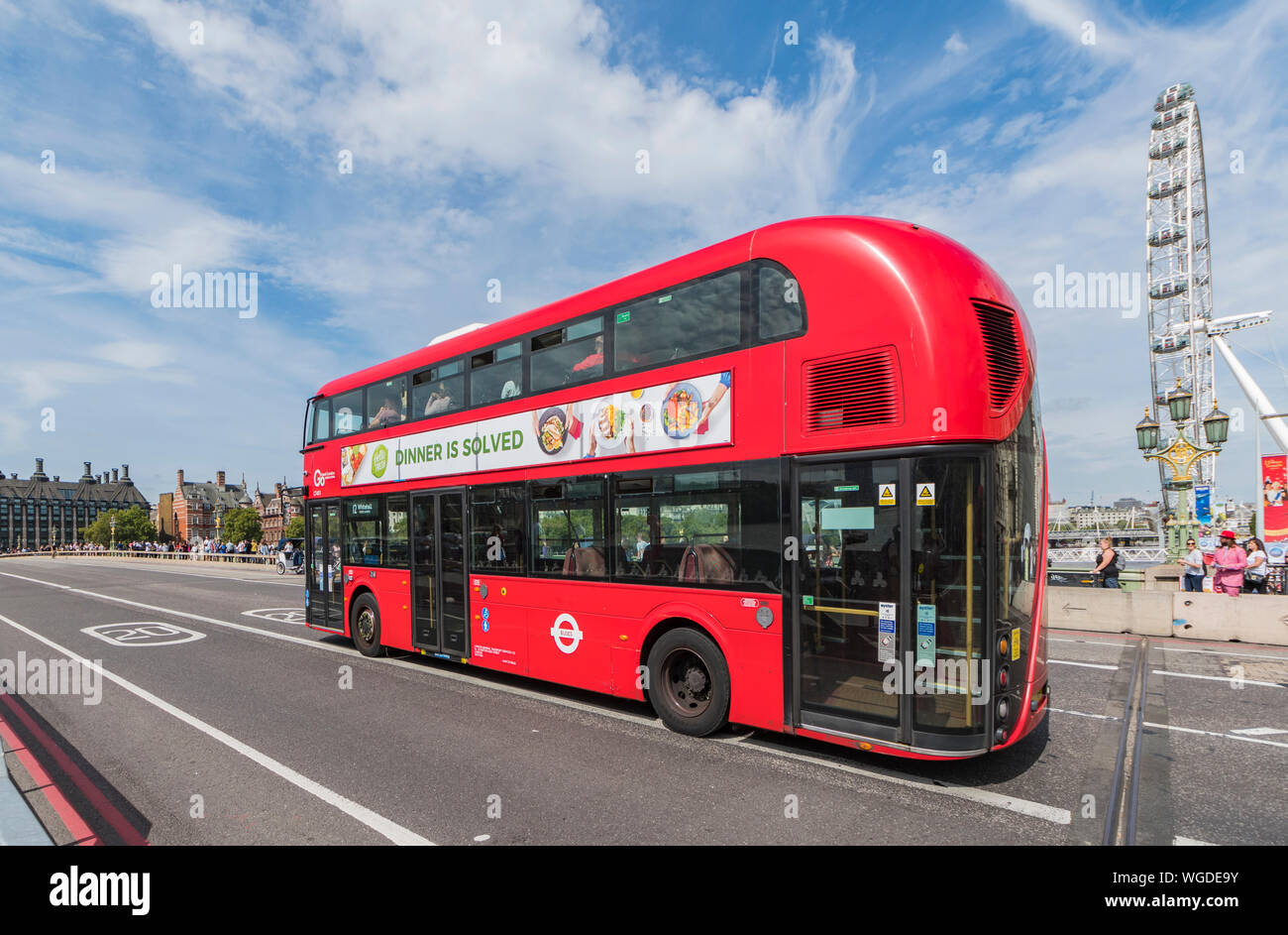 Wrightbus New Routemaster bus, originally New Bus for London, a hybrid double deck red London bus in City of Westminster, London, UK. Bus London. Stock Photo