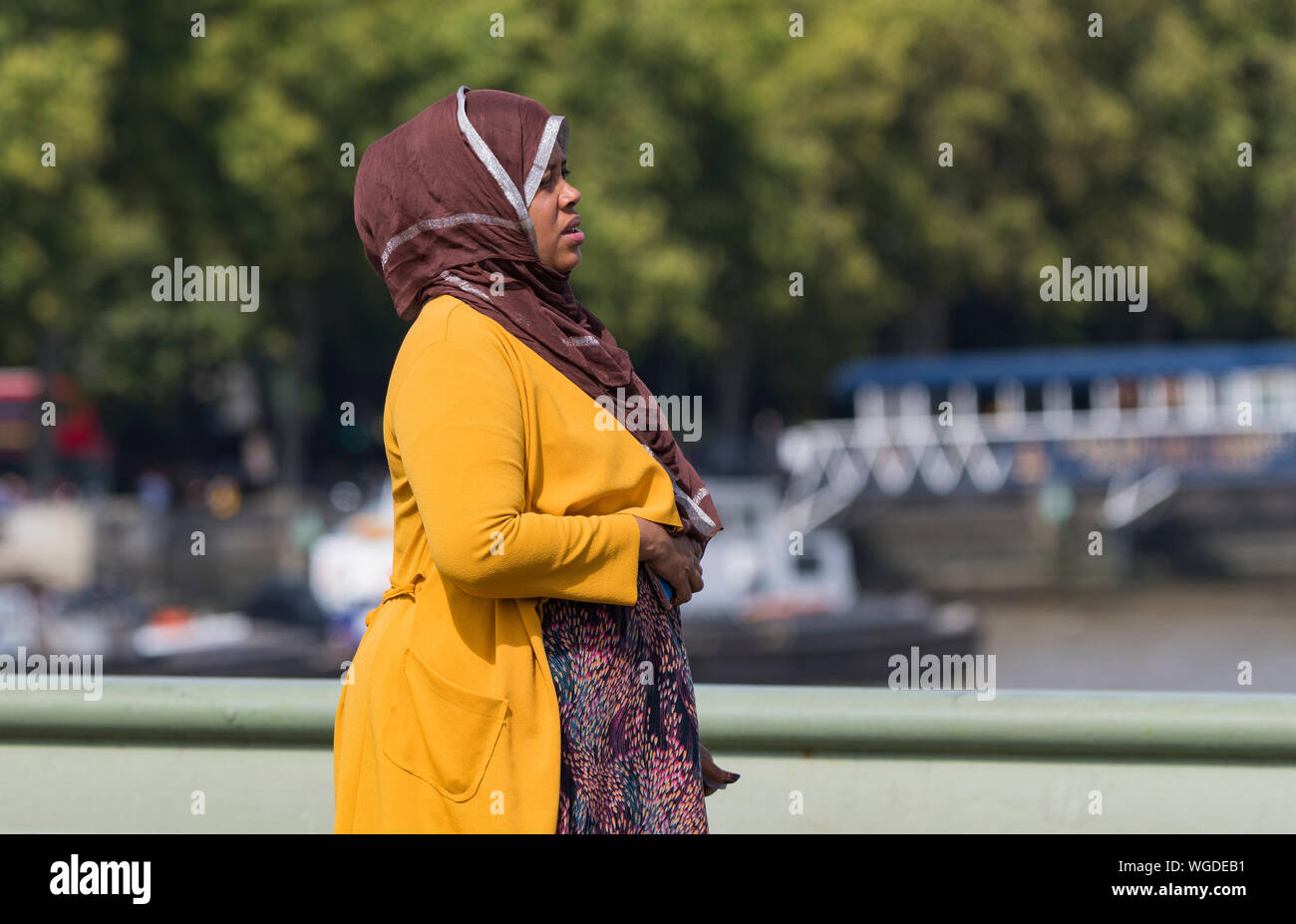 Side view of a young woman, possibly Middle Eastern, wearing a hijab headscarf or head covering often worn by Muslim women in Summer in London, UK. Stock Photo