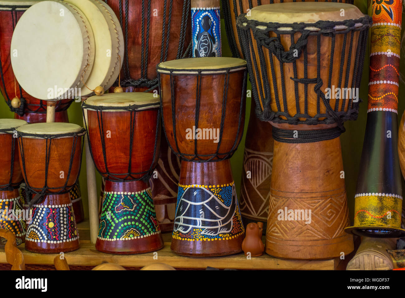 Various Drums For Sale At Market Stock Photo Alamy