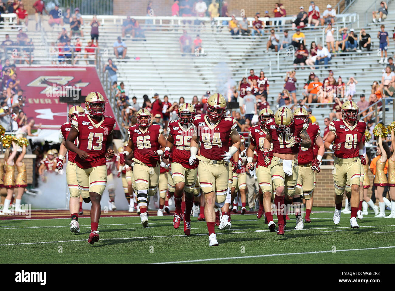 August 31, 2019; Chestnut Hill, MA, USA; Boston College Eagles players take the field prior during the NCAA football game against Virginia Tech Hokies at Alumni Stadium. Anthony Nesmith/CSM Stock Photo