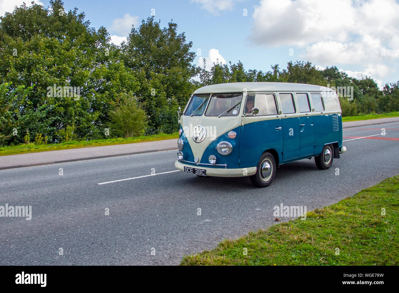1965 60s Blue VW Volkswagen camper at the 2019 Bradford to Morecambe  Charity vintage car rally, old, retro vehicle, historic automobile,  transportation, classic antique, collection, auto transport, design, motor,  drive, historical, history,