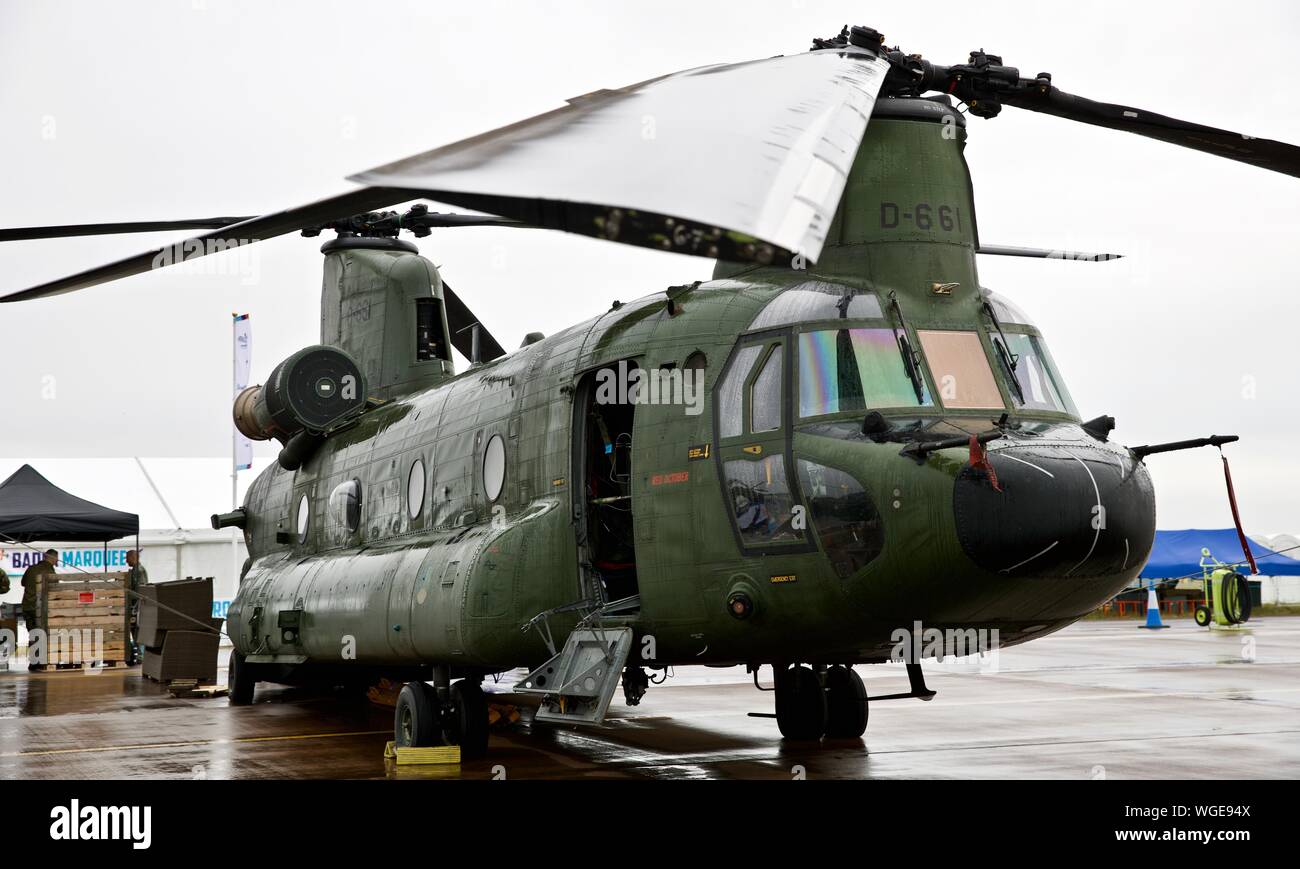 Royal Netherlands Air Force CH-47D/F Chinook on static display at the 2019 Royal International Air Tattoo Stock Photo
