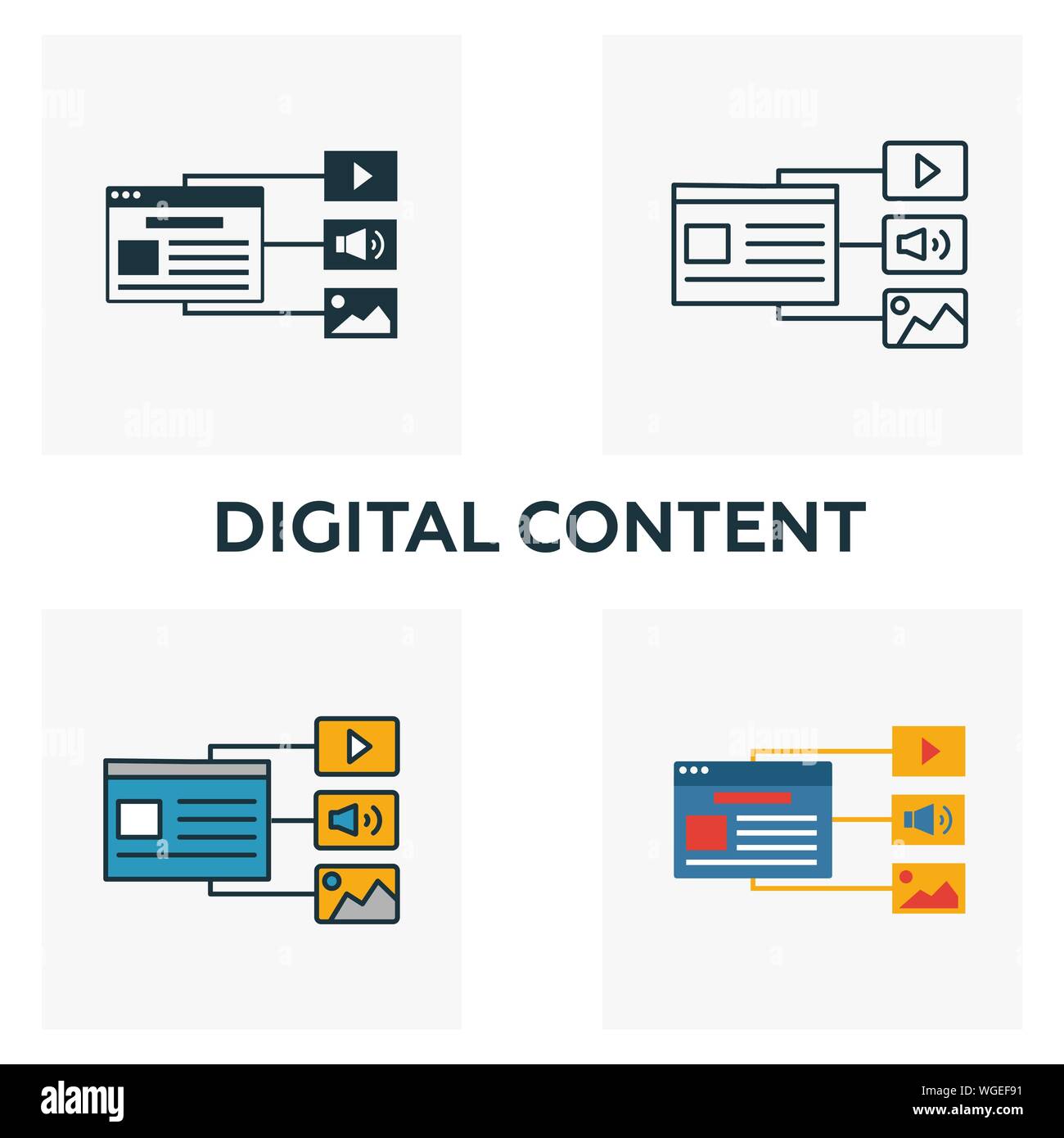 Digital Content icon set. Four elements in diferent styles from content ...