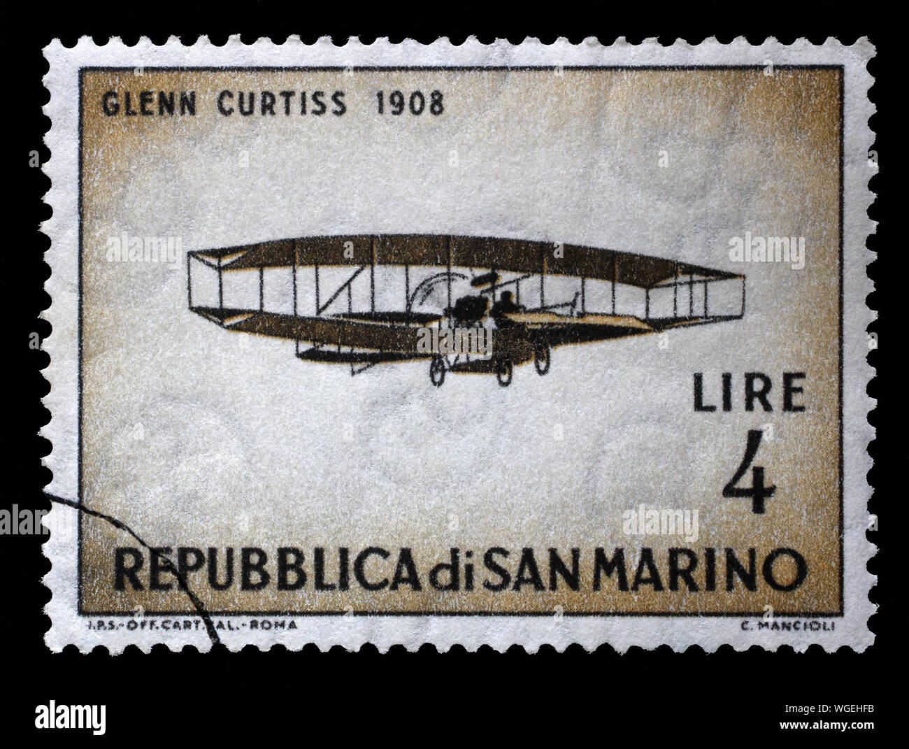 Stamp issued in San Marino shows Glenn Curtiss June Bug, Vintage