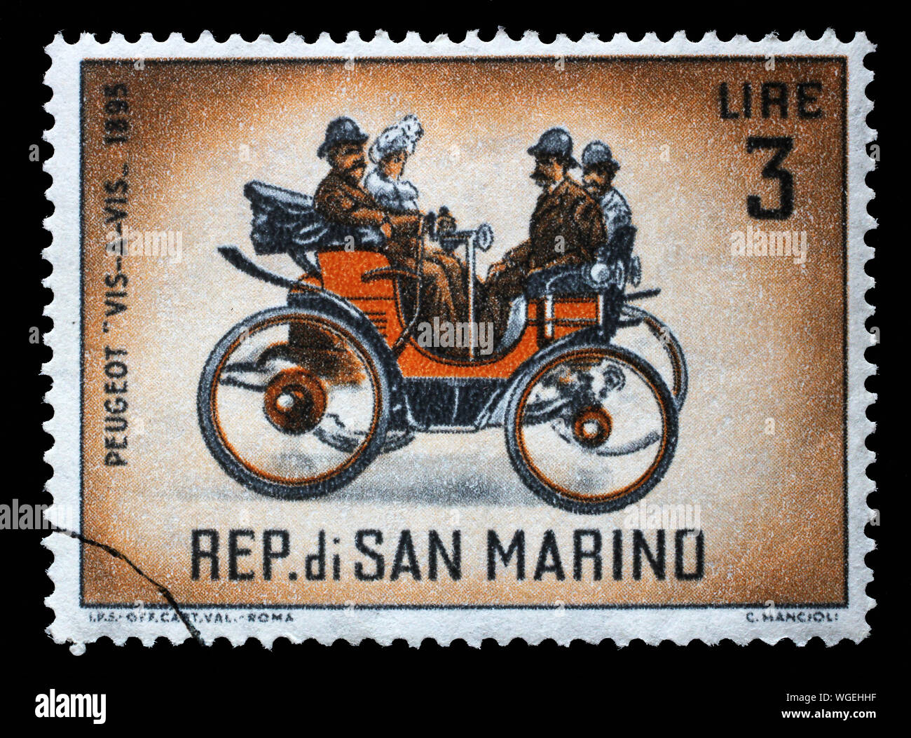 Stamp issued in San Marino shows Peugeot 'Vis-a-vis' (1895), Classic Automobiles Series, circa 1962. Stock Photo