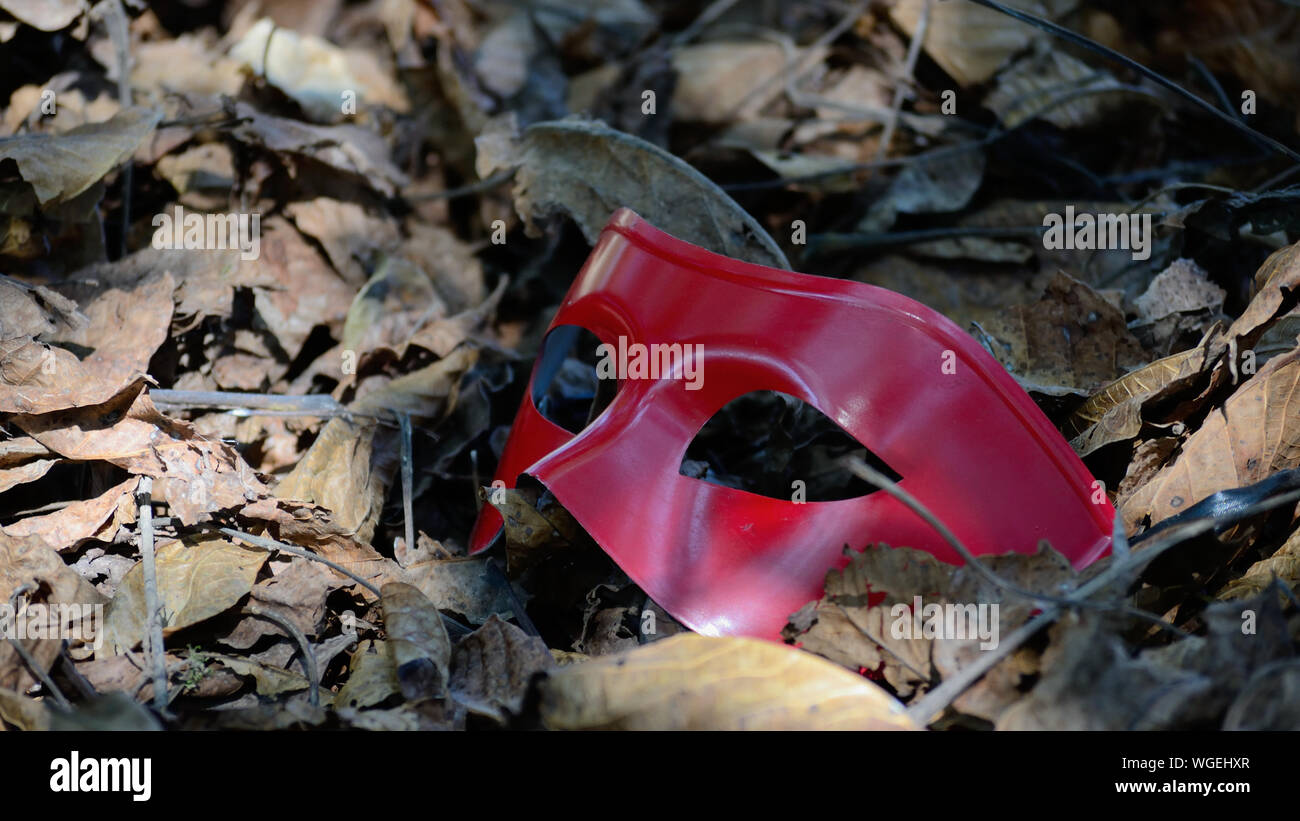 Red masquerade ball victorian mask on fallen leaves Stock Photo