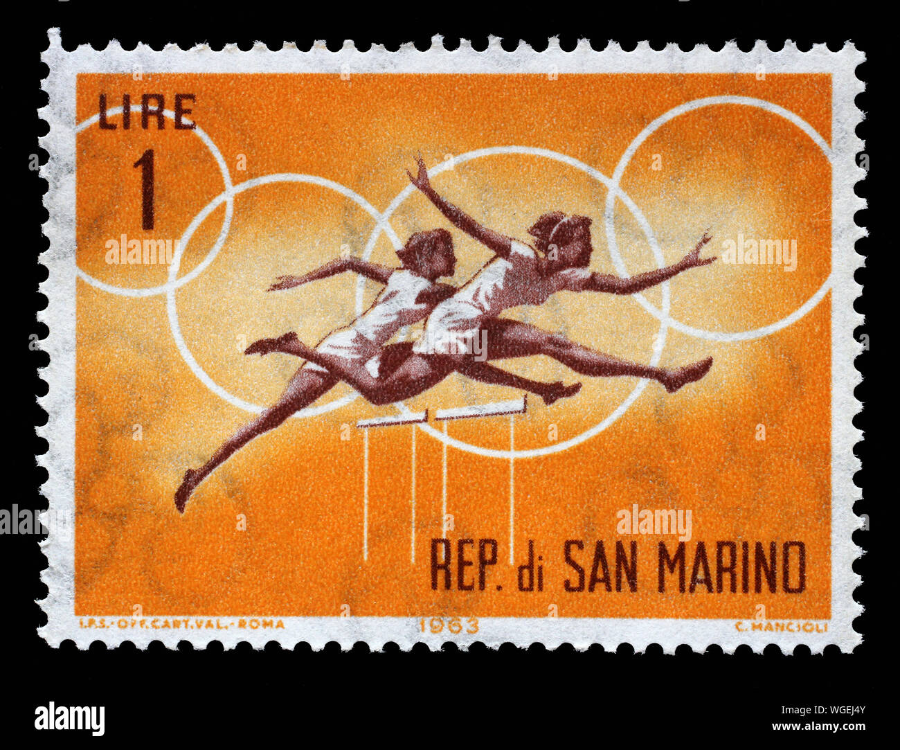 Stamp issued in San Marino shows the competition in running with barriers for women, Olympic Games 1964 in Tokyo, circa 1963. Stock Photo