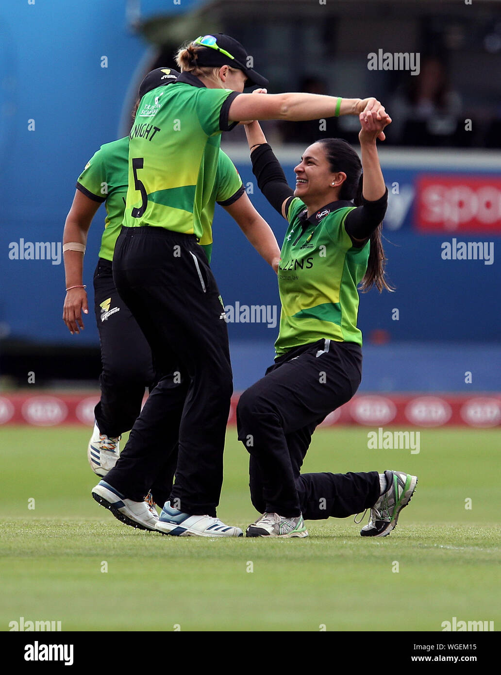 Western Storm Sonia Odedra celebrates with team-mates after catching out Southern Vipers Suzie Bates (not in picture) during Kia Super League final at the 1st Central County Ground, Hove. Stock Photo