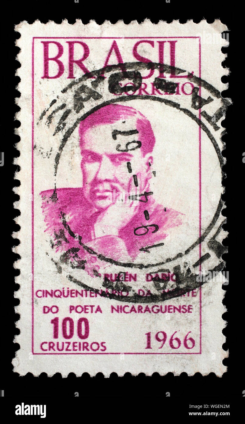 Stamp printed by Brazil. The 50th Anniversary of the Death of Ruben Dario, 1867-1916, circa 1966. Stock Photo