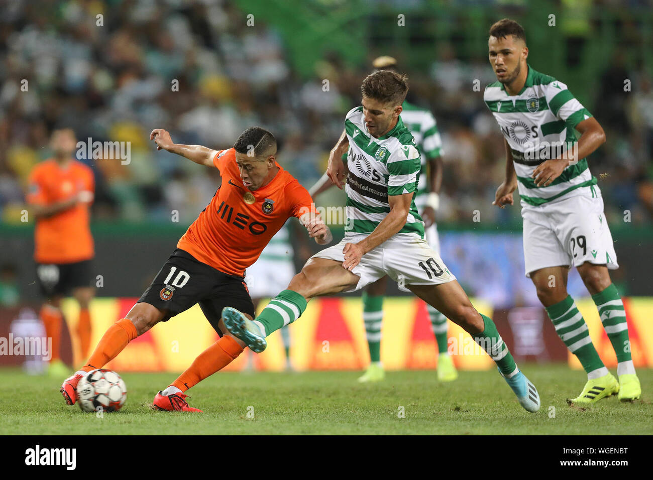 Diego Lopes of Rio Ave FC (L) vies for the ball with Luciano Vietto of  Sporting CP (R) during the League NOS 2019/20 football match between  Sporting CP vs Rio Ave FC.(Final