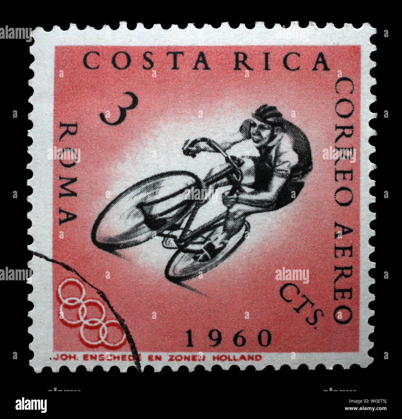 Stamp printed in Costa Rica shows Bicyclist, series Olympic Games in Rome, circa 1962. Stock Photo
