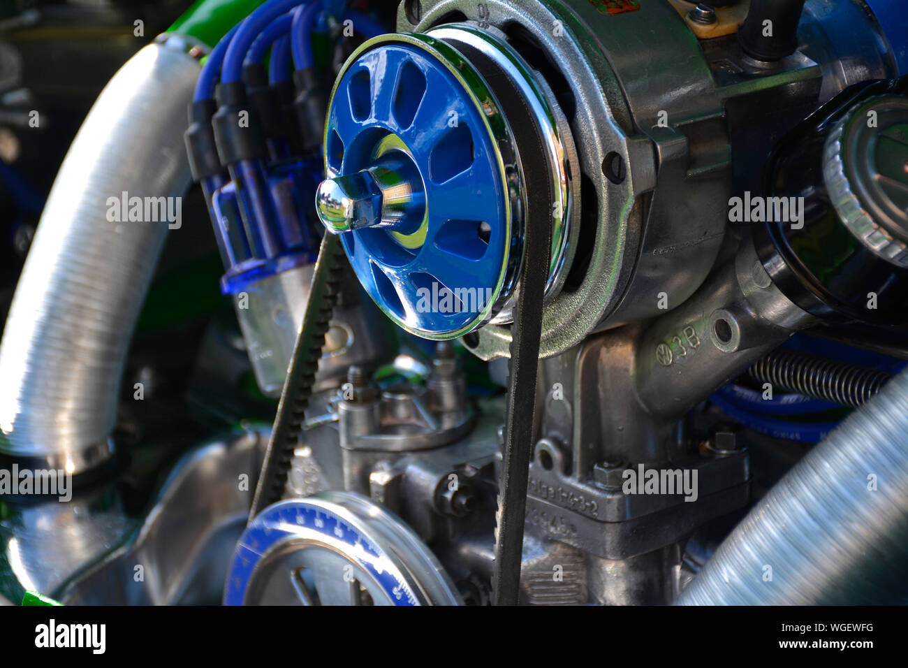 Close up of a restored and customised VW Beetle, showing the rebuilt 1750 air cooled engine Stock Photo