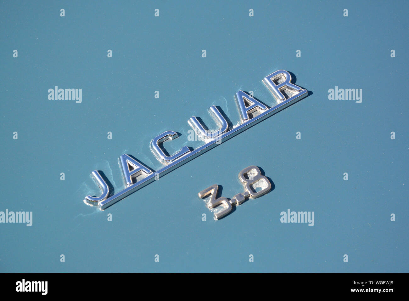 Close up of a Jaguar Mk 2 3.8 badge at a car show Stock Photo