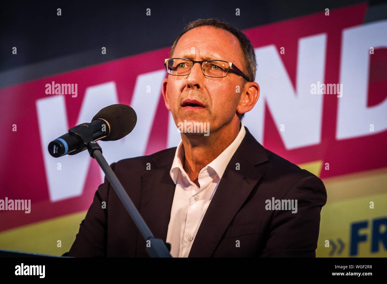 Koenigs Wusterhausen, Brandenburg, Germany. 30th Aug, 2019. JOERG URBAN of the AfD in Saxony. Aiming to be the strongest party in the eastern state of Brandenburg, Germany, the AfD held a Wahlparty (election party) at Koenigs Wusterhausen. In attendance were figures such as Andreas Kalbitz, who was recently outed with connections to right-extremist circles, Bjoern Hoecke, the embattled grounder of the AfD in Thueringen, and Joerg Urban, an extreme-rightist of the AfD in Saxony. Joerg Meuthen of the AfD in the European Parliament did not appear, despite being announced. (Credit Image: © Sach Stock Photo