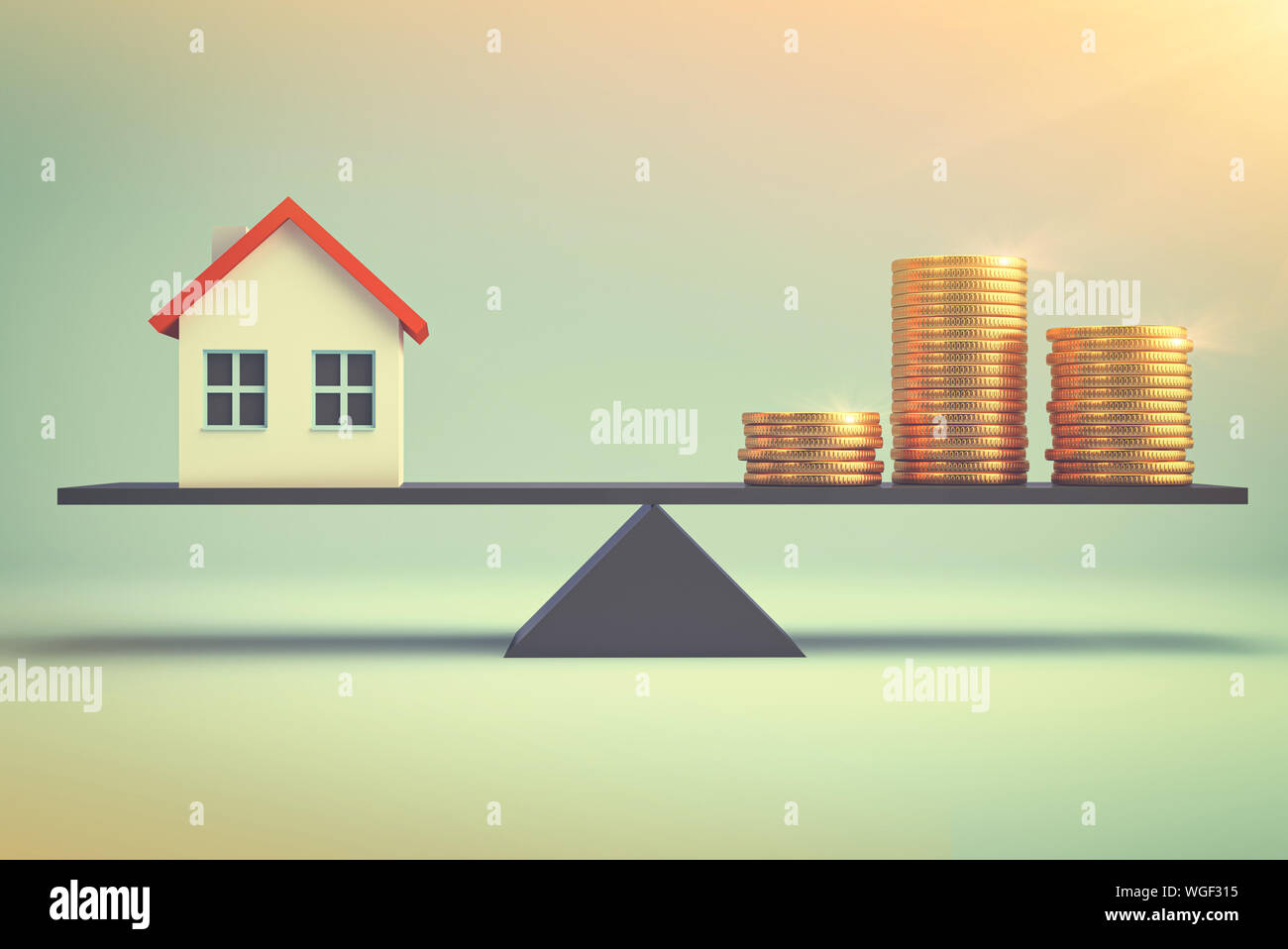 Decide mortgage, investment, real estate and property concept - close up home model and Piles of gold coins 3d illustration Stock Photo