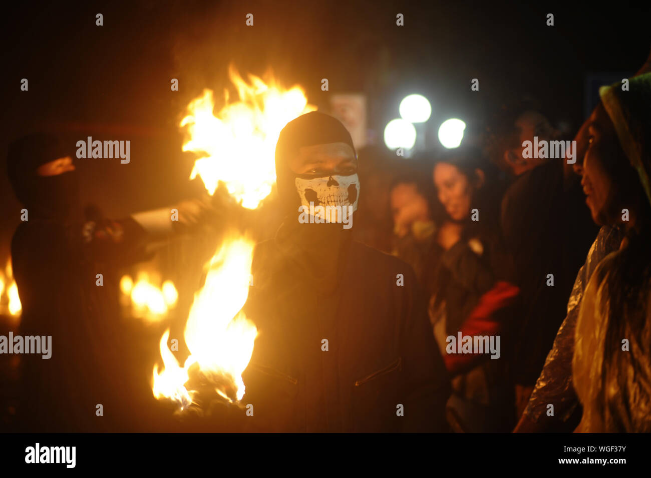 Nejapa, El Salvador. 1st Sep, 2019. People celebrate the Bolas de Fuego