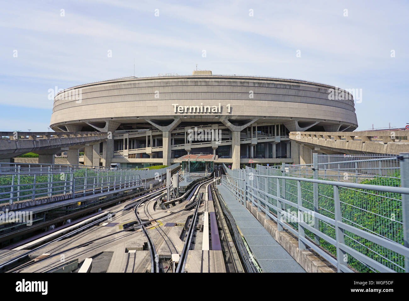 PARIS, FRANCE -21 AUG 2019- View of the Terminal 1 at the Roissy Charles de Gaulle International Airport (CDG) near Paris, France, designed by archite Stock Photo